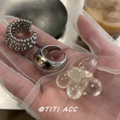 韩国博主同款 小众设计宽版 透白珠子戒指多层叠戴银色开口食指环潮