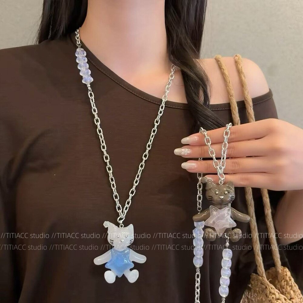 ins风童趣可爱五角星小熊吊坠项链女小众高级感长款毛衣链锁骨链