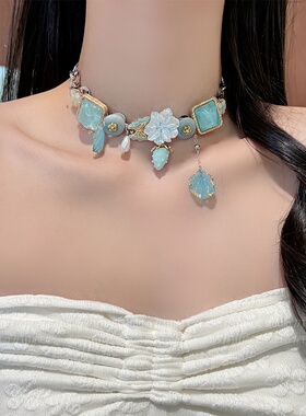 甜酷辣妹蓝绿色花朵项链choker小众高级感锁骨链女海边度假风手链