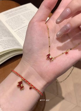 红色滴釉爱心小马吊坠项链女款锁骨链轻奢手链高级感气质新款配饰