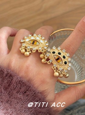 欧美复古恶魔之眼金属圆球流苏戒指女小众气质设计感指环中古饰品