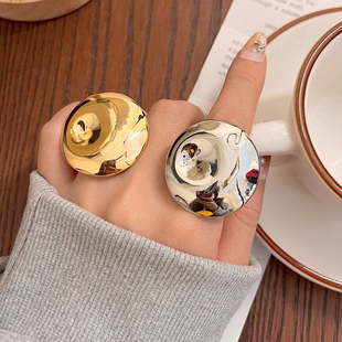 泉眼涟漪戒圆盘蘑菇戒指欧美小众高级冷淡风个性夸镜面开口指环戒