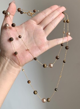 复古美拉德虎眼石珍珠项链女轻奢小众气质串珠双层叠戴秋冬毛衣链