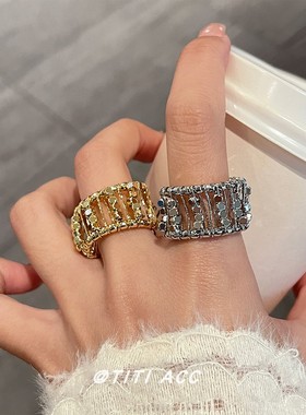 闪闪鱼鳞戒指女轻奢小众设计高级感百搭金属蕾丝竹节开口戒食指环