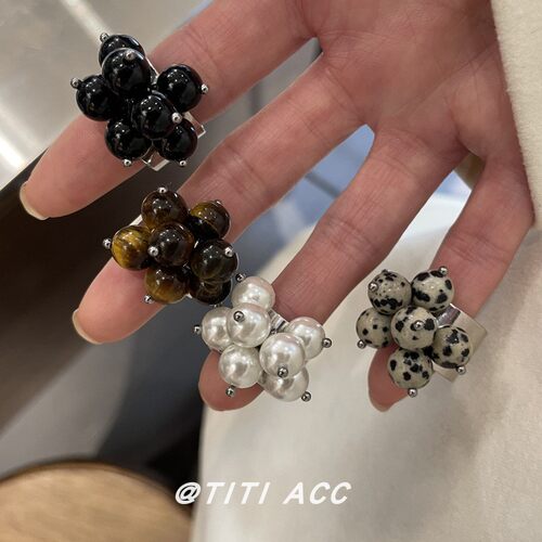 韩版ins手作冷淡风串珠复古葡萄串仿珍珠戒指酷感宽指环开口戒女