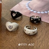 韩国博主同款 滴釉戒指女爱心黑色珠光白设计感可爱锆石镶嵌食指戒