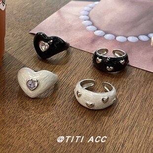 韩国博主同款 滴釉戒指女爱心黑色珠光白设计感可爱锆石镶嵌食指戒