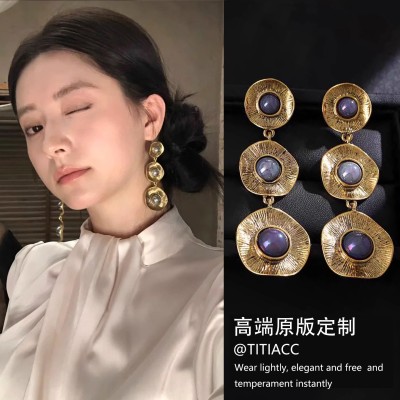 vintage复古重工金属珍珠耳饰气质耳钉女耳环2025新款爆款高级感