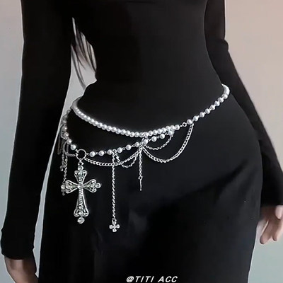 y2k辣妹风十字架珍珠流苏腰链女
