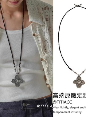 复古做旧拉丝繁花编绳项链女民族风设计感古银花朵吊坠黑绳毛衣链