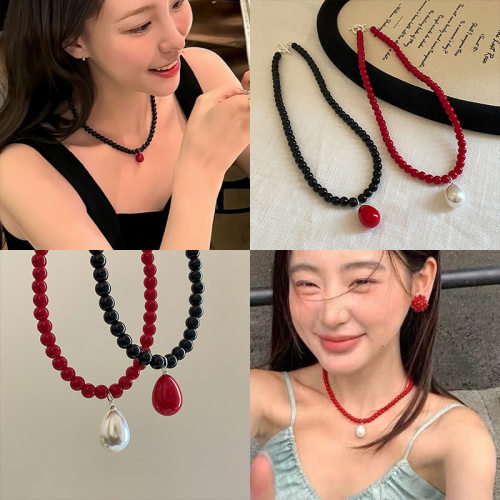 韩国小众ins红色水滴珍珠项链女