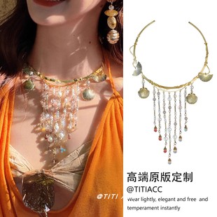 南法小镇！波西米亚度假风金色贝母流苏项链复古精致高级感颈饰女