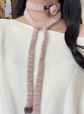 韩系ins氛围感花朵长条毛绒项链女时尚百搭围脖秋冬温柔系毛衣链