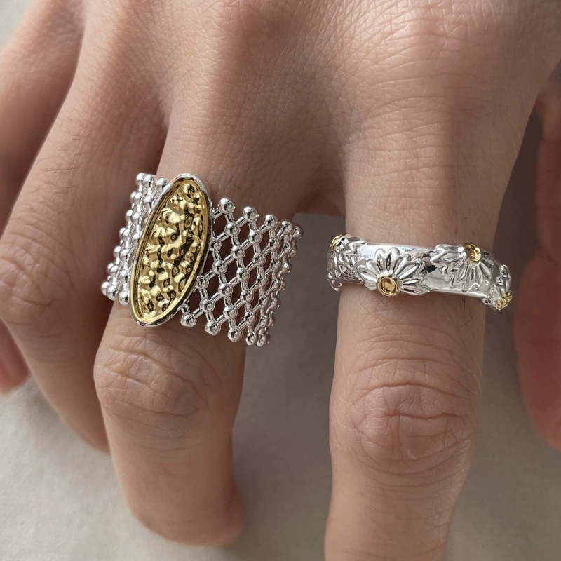 中古vintage金银镂空蕾丝肌理感宽版开口食指戒指精致时尚指环女