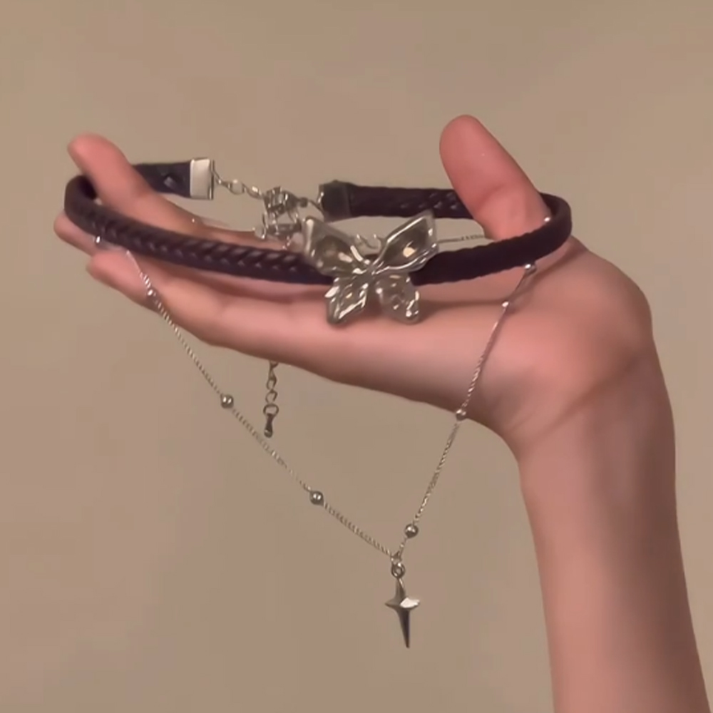 复古废土风皮质蝴蝶项链2025新款