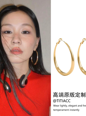 金靖同款金色椭圆素圈耳环千禧辣妹耳钉Y2k甜酷复古简约耳圈耳饰