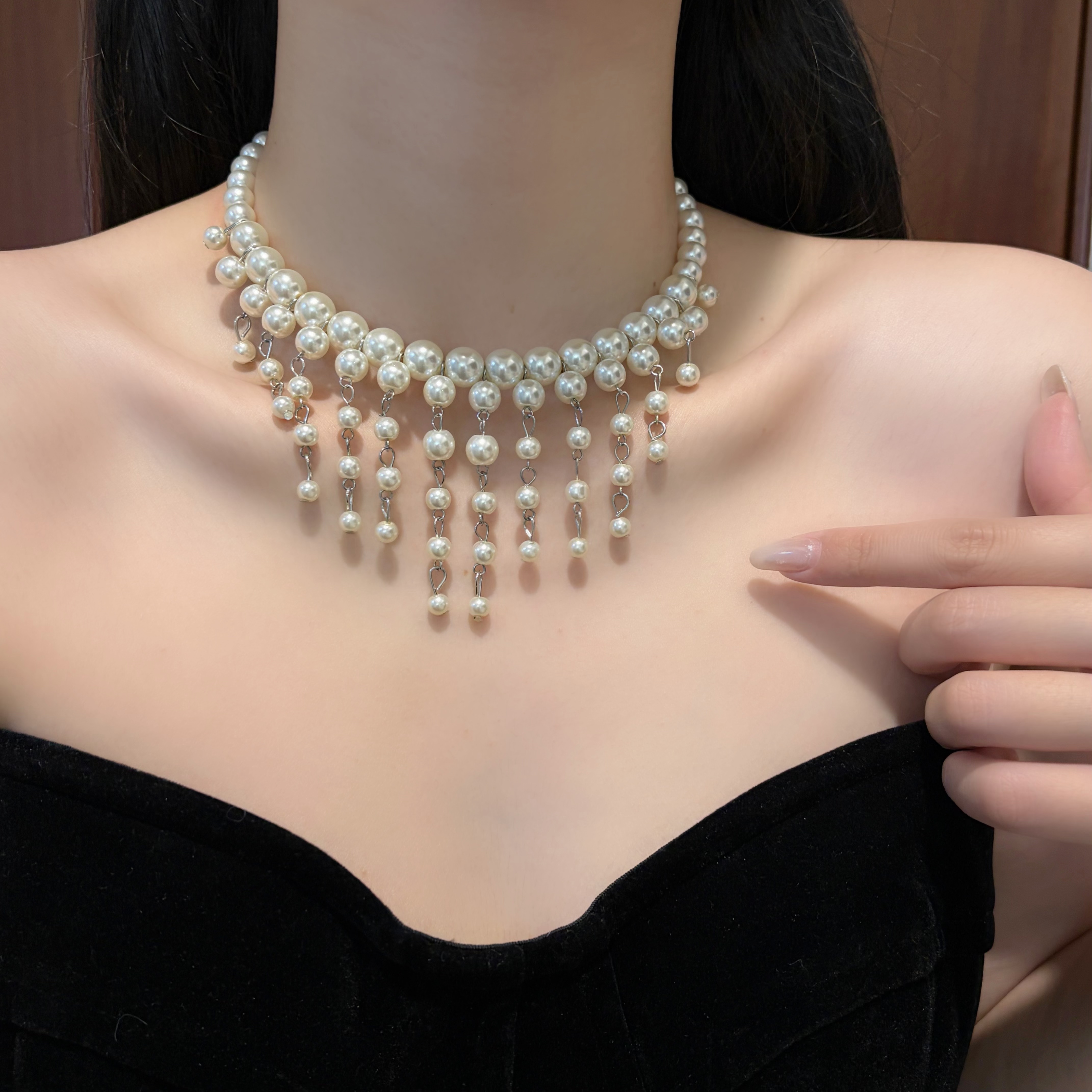 法式宫廷风满天星珍珠流苏项链轻奢高级感颈链晚礼服锁骨链choker