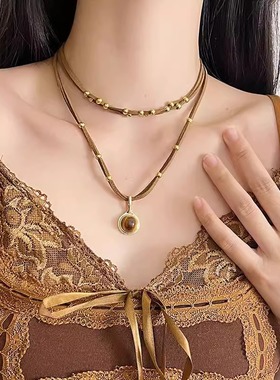 仿虎眼石吊坠棕色皮质项链