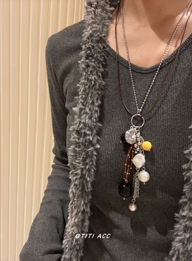 乌托邦系列金属海螺流苏长款小众设计黑猪珍珠毛衣链百搭双层项链