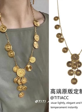 老钱风复古圆形金币流苏项链女高级感中古vintage时髦做旧毛衣链