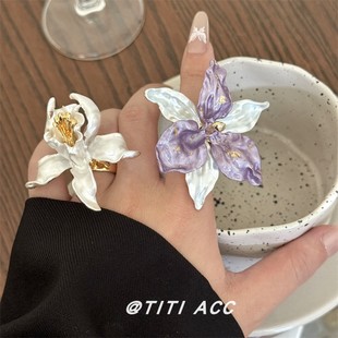 小香风夸张花朵珐琅滴油戒指ins复古蝴蝶兰宽版开口花瓣拼色指环