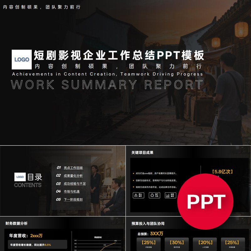 一份20页短剧影视企业年终年中季度月度工作总结汇报PPT模板禹创