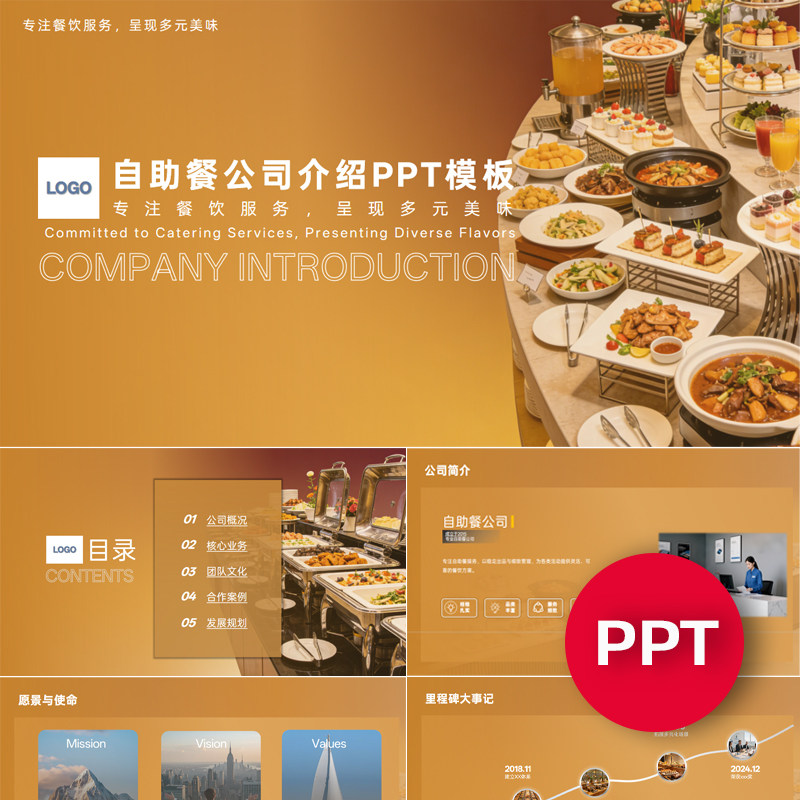 一份22页自助餐餐饮公司企业宣传介绍PPT模板ppt课件素材