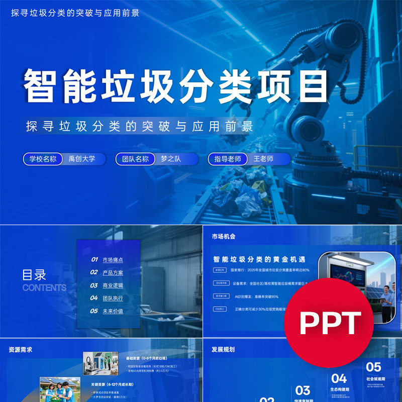 一份22页智能垃圾分类项目PPT模板创赛互联网+挑战杯科技感课件