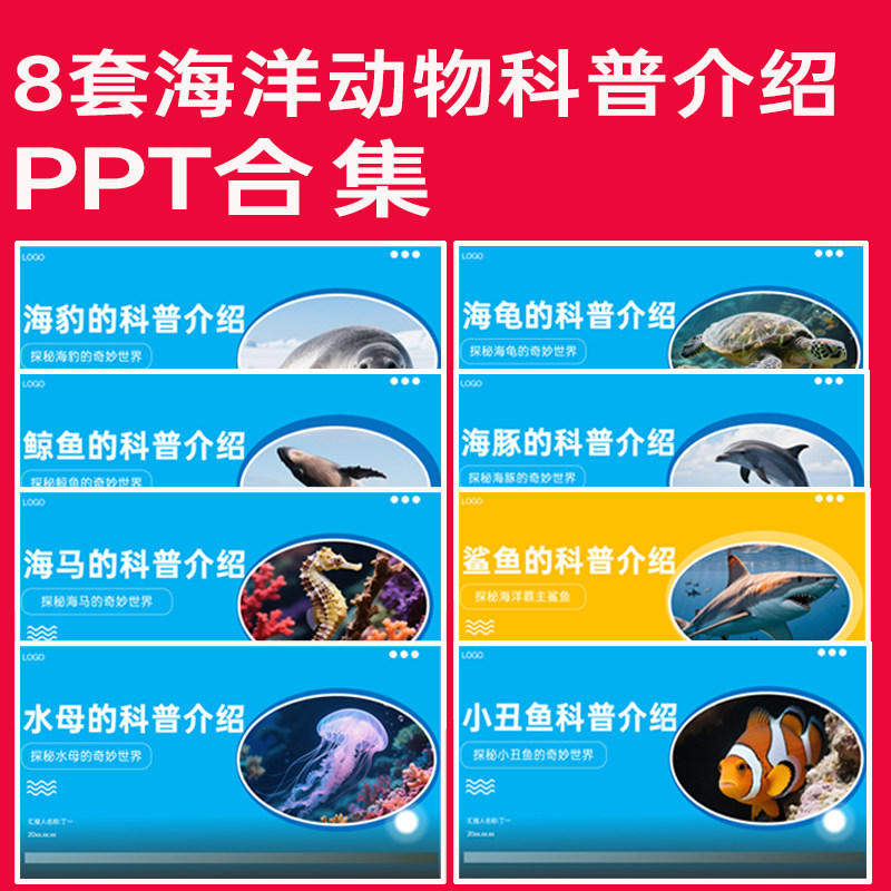 8套海洋动物科普ppt模板海豹鲸鱼海马水母海龟海豚鲨鱼小丑鱼PPT