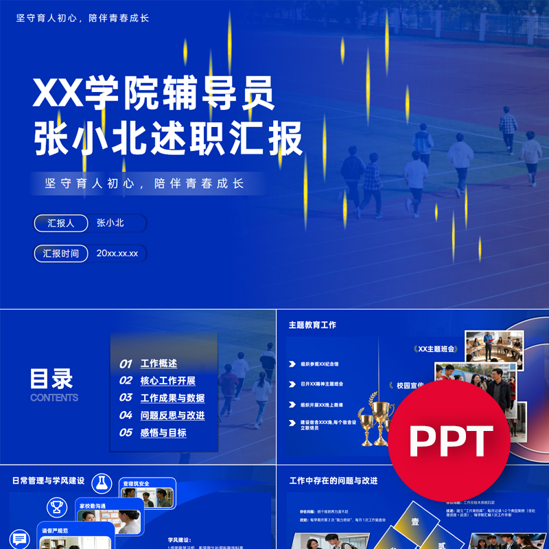 1份21页蓝色大学辅导员述职汇报年终年中季度月度工作总结PPT模板