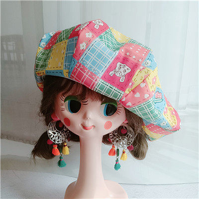 夏日系 时髦英伦复古青年休闲格纹3色 显脸小夸张云朵 画家贝雷帽