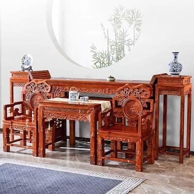 红木花梨木中堂六件套组合条案供桌八仙桌桥台刺猬紫檀太师灵芝椅