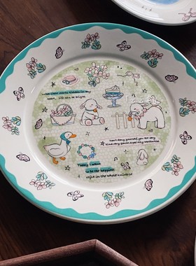 卡通童趣治愈小羊插画陶瓷餐盘水果早餐盘圆盘超级好看的猫咪盘子