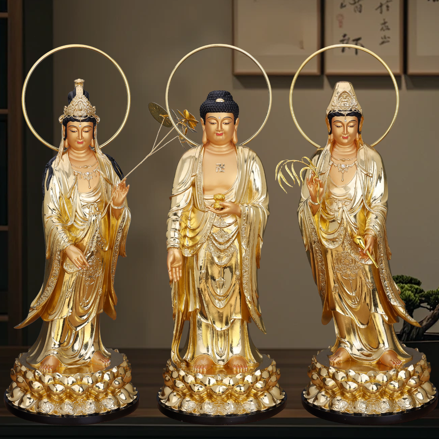 西方三圣佛像阿弥陀佛观音菩萨大势至菩萨像家用供奉三圣树脂摆件