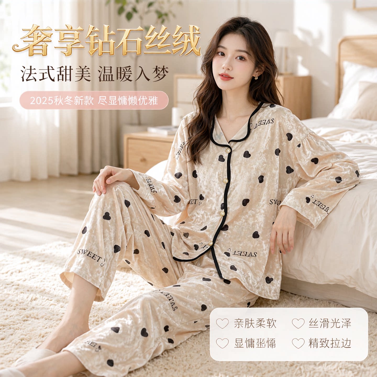 高档丝绒睡衣女冬季长袖套装