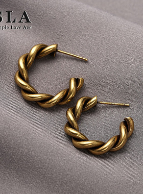 SLA私家 螺纹复古真金耳环女 s925银针ins简约个性网红耳钉新品潮