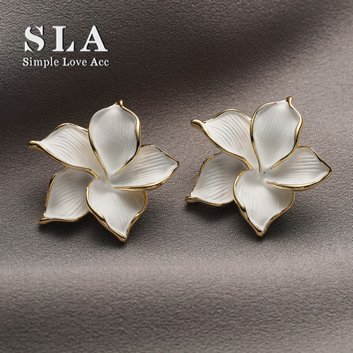 Simple Love Acc私家 2026年新品白色珐琅花朵金边女士银针耳环潮