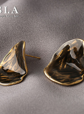 Simple Love Acc私家 赵今麦同款折叠滴釉面复古灰棕色银针耳环女