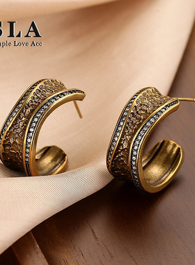 SLA私家 银针复古高级感微镶锆石古铜色耳环女  法式欧美个性潮