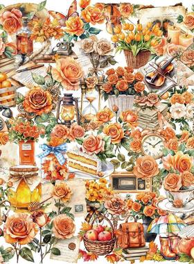 50张复古透明无白边橙色玫瑰花物品DIY手机壳手账电脑水杯贴纸ins