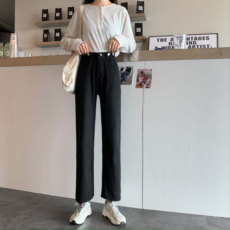 Real shooting autumn 2020 high waist adjustable loose straight tube denim versatile student pants