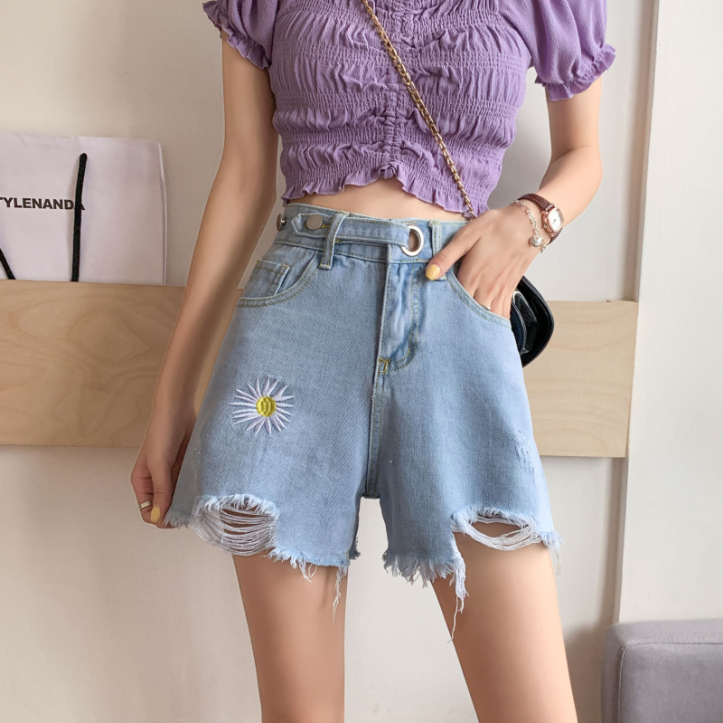 Real shot 2021 summer irregular ripping High Waist Wide Leg Pants Daisy embroidery versatile denim shorts