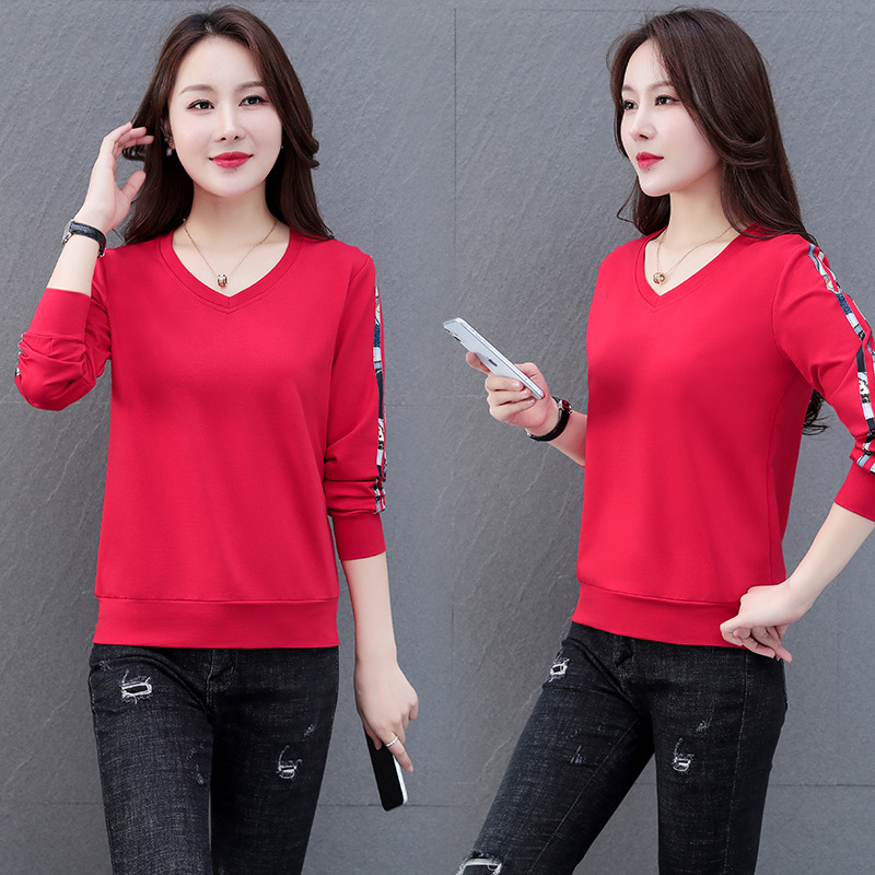 中老年v领T恤卫衣2022年早春新款中年妈妈50岁时尚洋气运动上衣