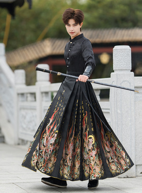 古风新中式九尾狐织金马面裙汉服男装帅气黑色中国风学生班服套装