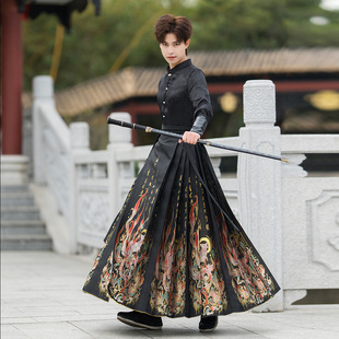 帅气黑色中国风学生班服套装 古风新中式 九尾狐织金马面裙汉服男装