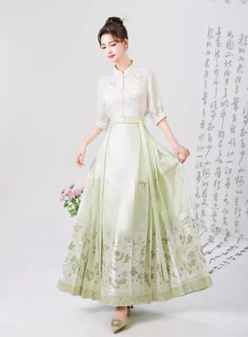 日常穿搭上班穿汉服绿色织金马面裙套装女2024春夏新款国风褶子裙