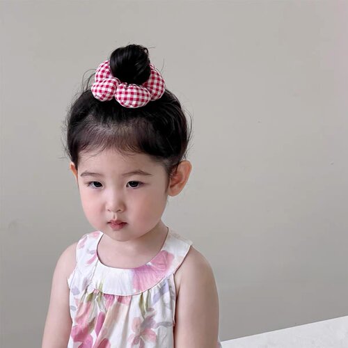 儿童格纹花朵发圈女童立体头花扎丸子头大肠发绳小女孩扎头发发饰