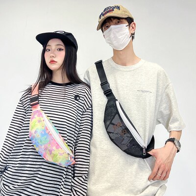 Trendy mesh crossbody chest bag, beach printed chest bag胸包