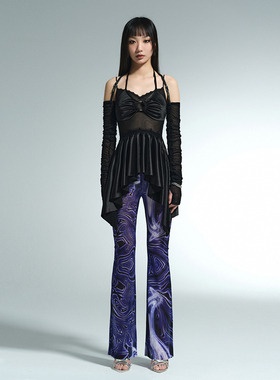 COMBJELLY原创2022春夏纯色半指手臂套性感pu皮后背带网纱袖套