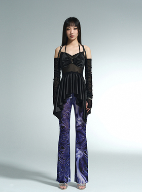 COMBJELLY原创2022春夏新款紫色喇叭长裤波纹抽象高腰小众休闲裤